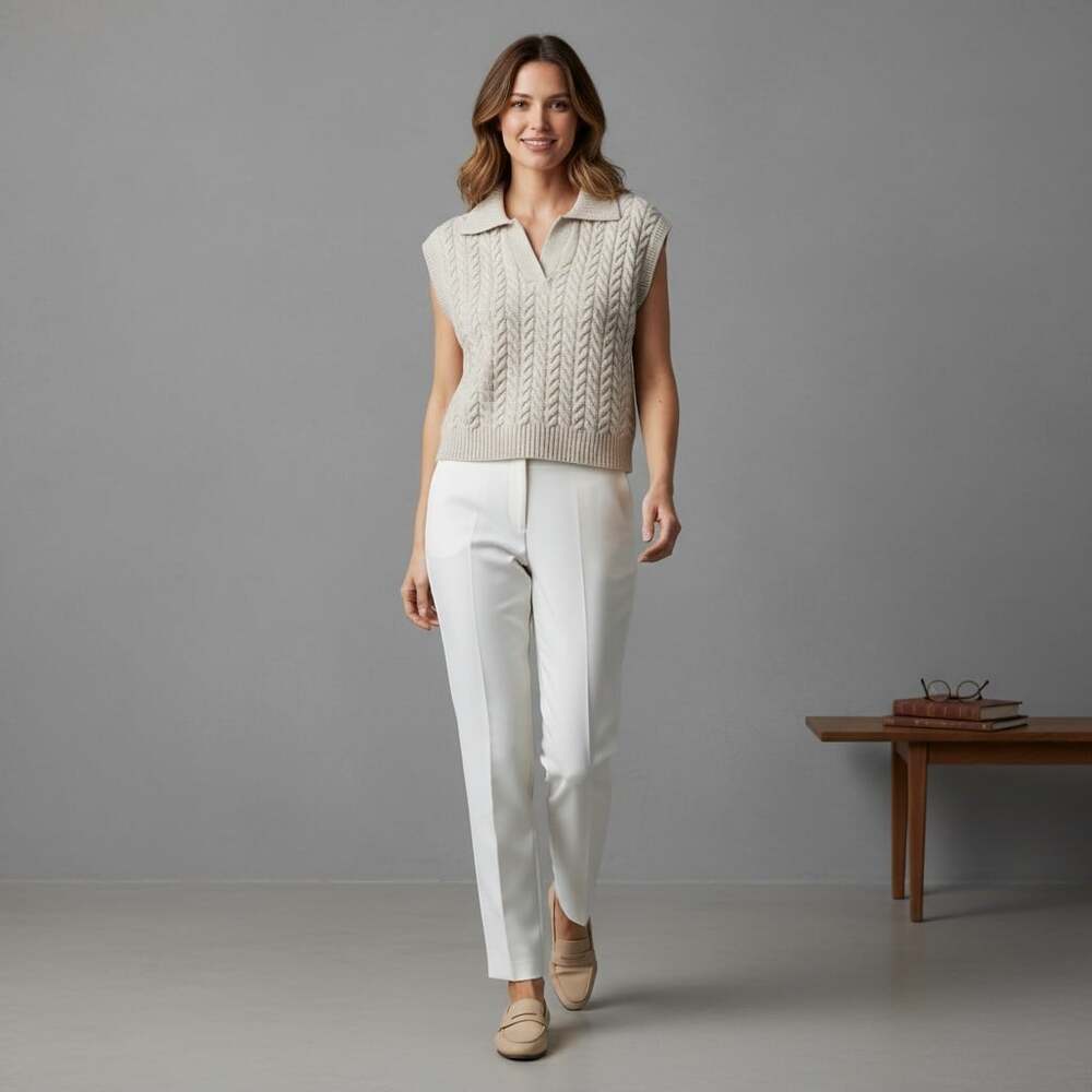 Broadway Cable Knit Collared Crop Sweater Vest Size M Oatmeal Preppy Y2K